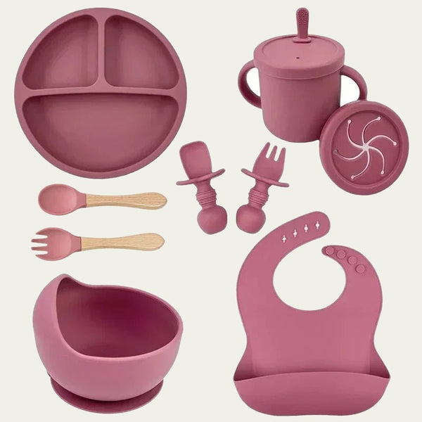 Silicone baby feeding set with plate, bowl, bib and cutlery